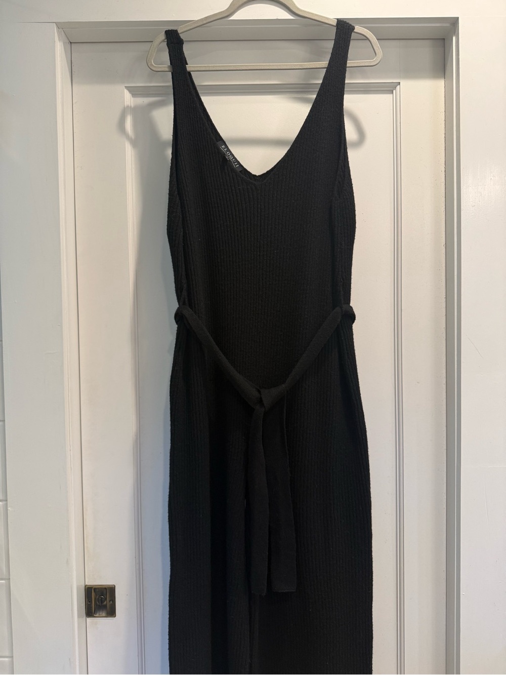ELOQUII Black V-Neck Sleeveless Knit jumpsuit romper with Waist Tie